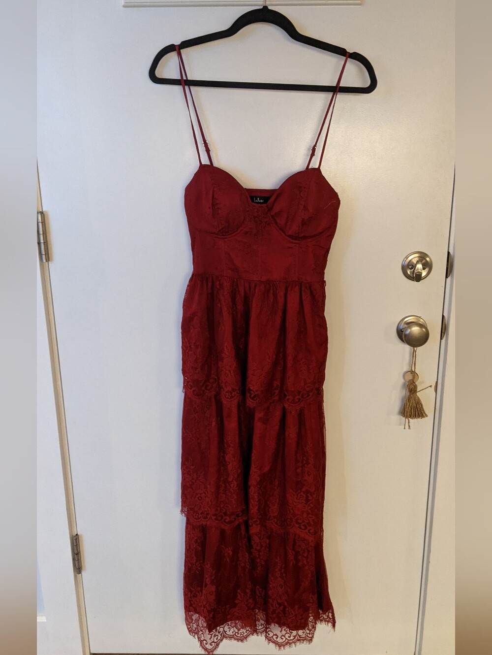 Lulu's Red Lace Tiered Midi Dress with Spaghetti Straps
